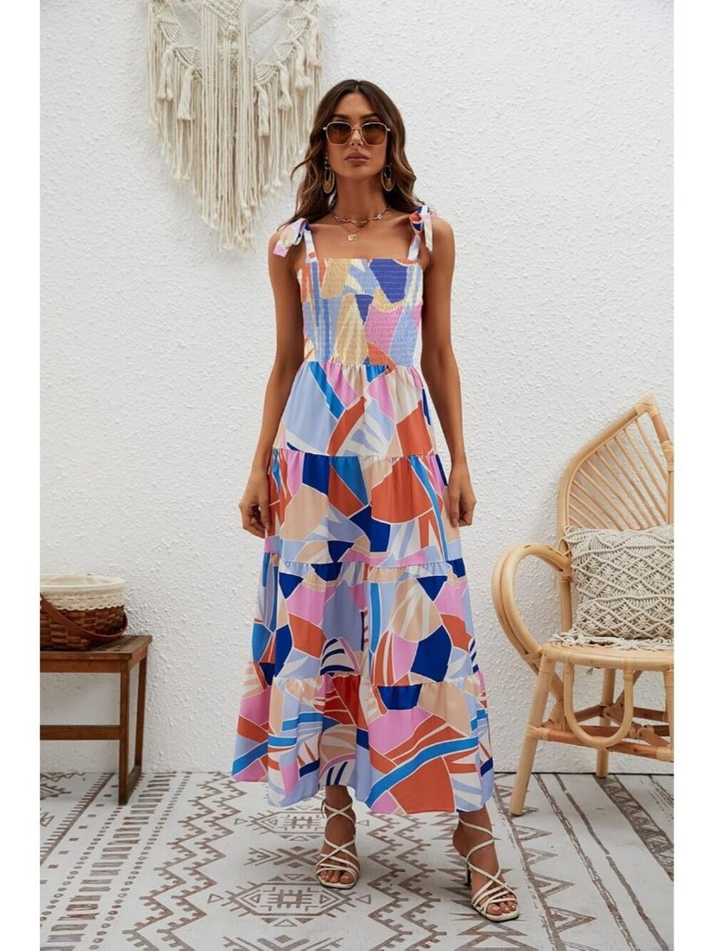 Women's Blue Floral 1 Sleeveless Square Neck Ruffle Flowy Imported Maxi Dress - Picture 3 of 6